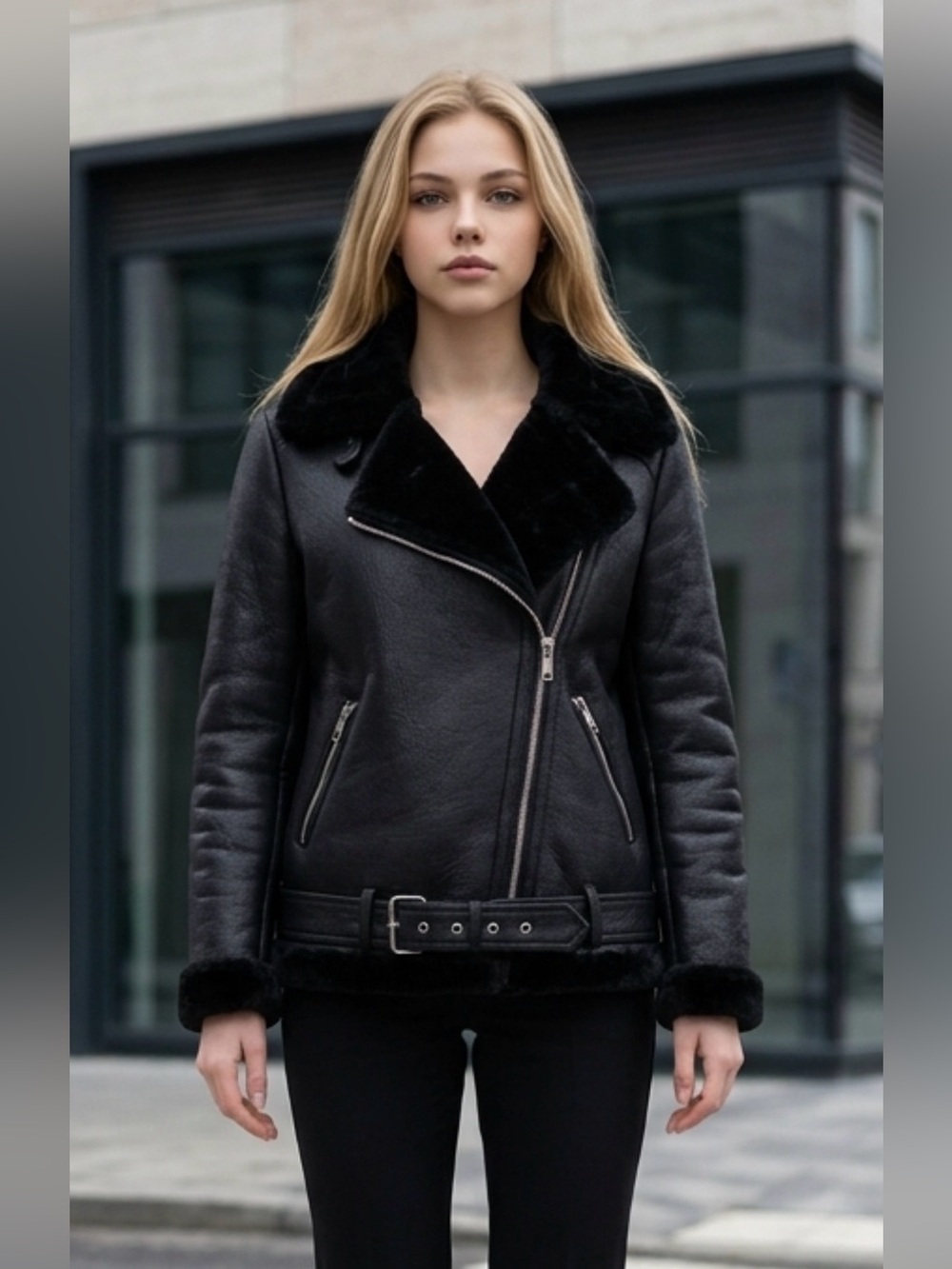 Only Black Faux Shearling Moto Jacket with Belted Hem